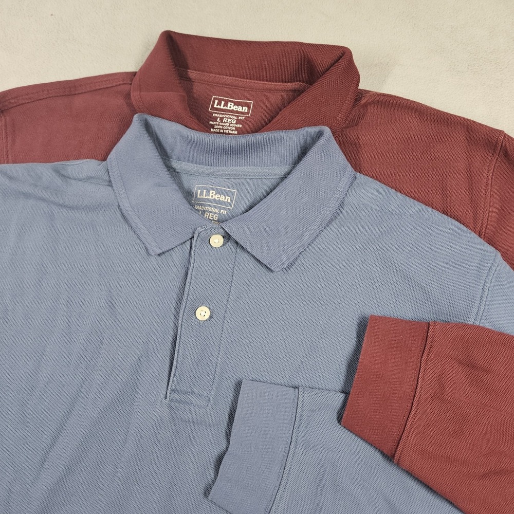 LL Bean Double L Polo Shirt Mens Large Blue Red Long Sleeve Pique Preppy Rugby
